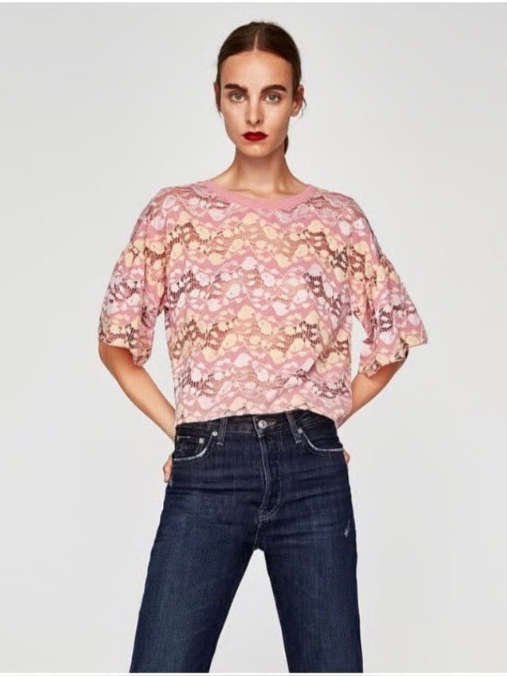 Zara Pink Yellow Lace Semi Sheer Cottagecore Crop Top Small
